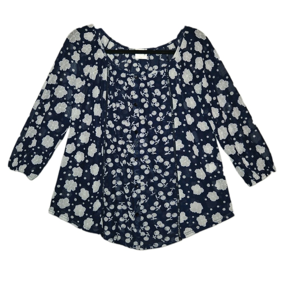 Siren Lily Blouse Blue Floral Petite Large 3/4 Sleeve Top Boat Neck Pullover NWT